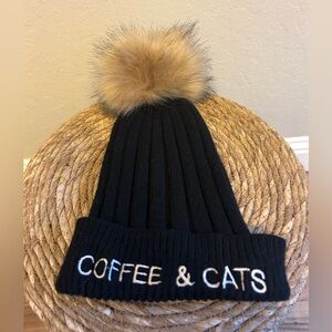 💜 Francesca's Coffee & Cats Black Knit Beanie Hat with Fluffy Faux Fur Pom
